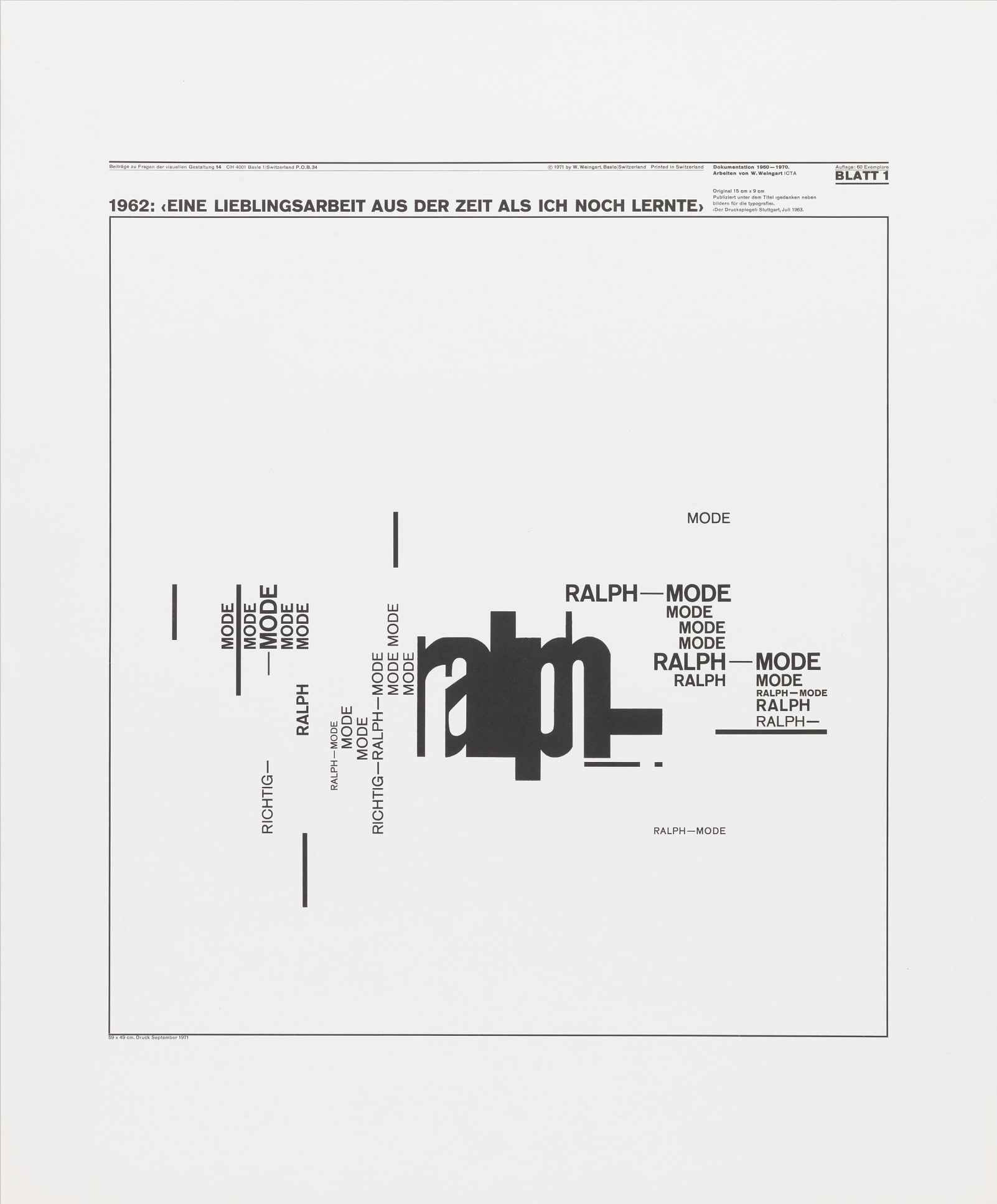 Wolfgang Weingart: Beiträge zu Fragen der visuellen Gestaltung 14, Blatt 1 from the portfolio Dokumentation 1960—1970, Arbeiten von W. Weingart, Designed 1962. Lithograph. (58.9 x 49 cm)