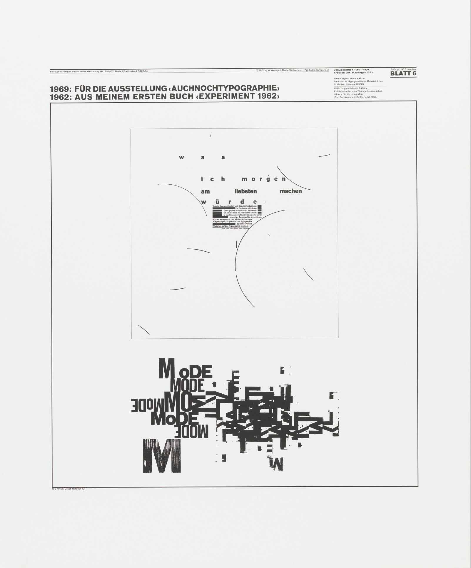 Wolfgang Weingart: Beiträge zu Fragen der visuellen Gestaltung 19, Blatt 6 from the portfolio Dokumentation 1960—1970, Arbeiten von W. Weingart, Designed 1962. Lithograph. (58.9 x 49 cm)