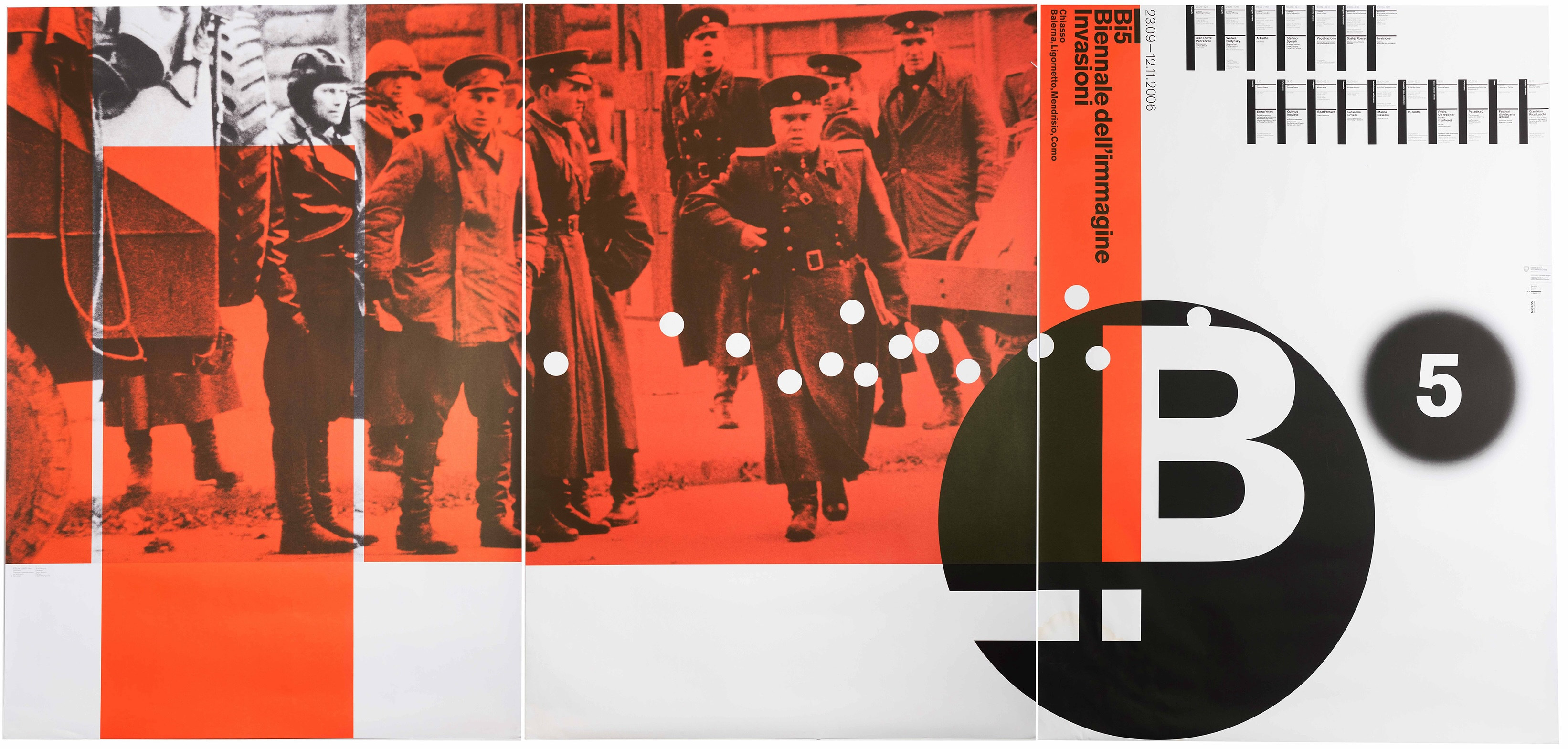 Bruno Monguzzi, Bi5, Biennale dell'immagine Invasioni, 3 posters in triptych, 128 x 90 cm each, 2006.