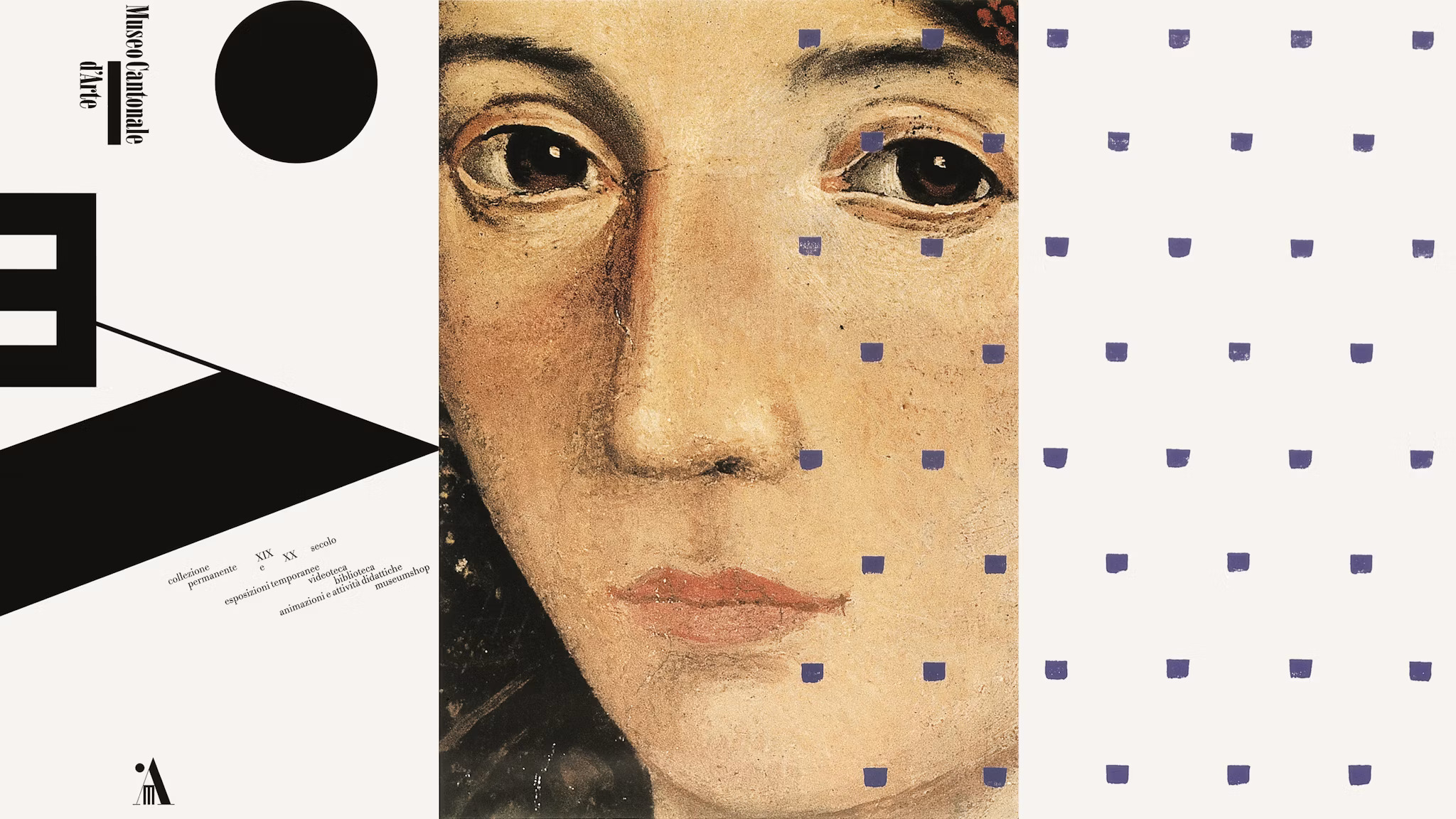 Bruno Monguzzi: Collezione permanente XIX e XX secolo Esposizioni temporanee - Museumshop Museo Cantonale d‘Arte, Lugano, (3 posters in triptych), 128 x 90 cm each, 1999.