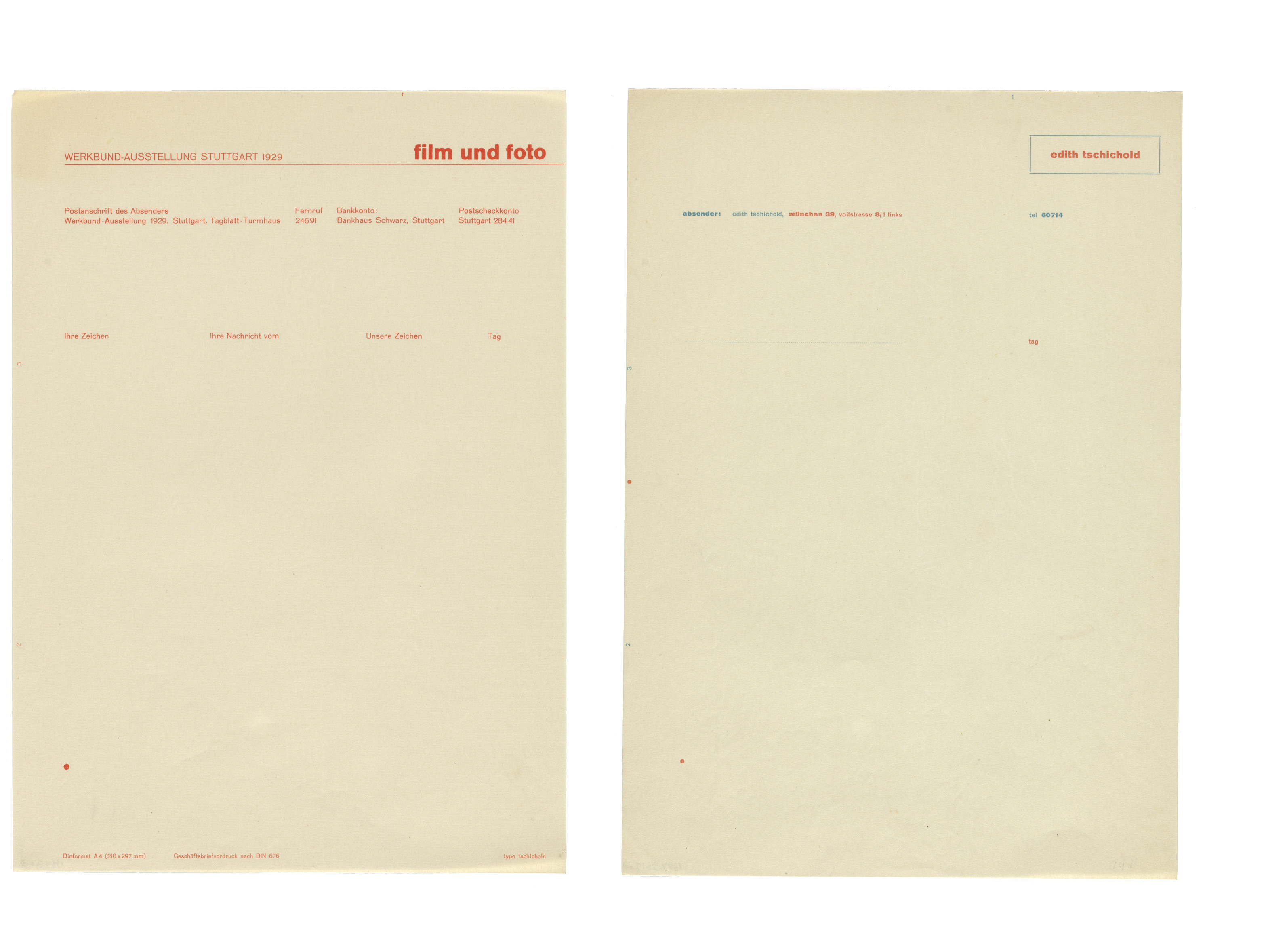 Jan Tschichold. Stationery: Film und Foto exhibition, 1929 Letterpress (29.5 x 21 cm) / Stationery: Edith Tschichold, [after 1926] Letterpress (29.5 x 20.6 cm)