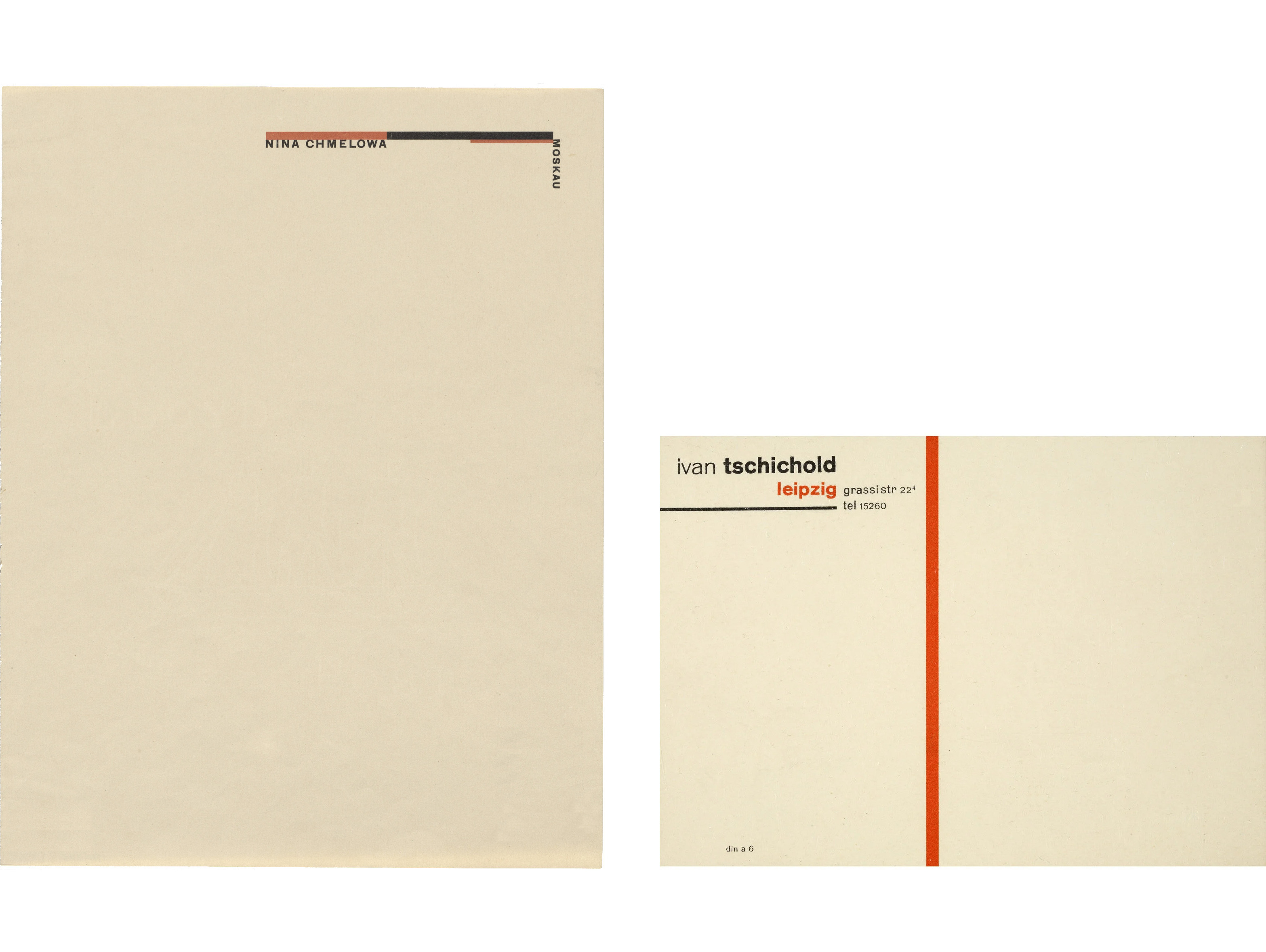 Jan Tschishold. Stationery: Nina Chmelowa, Moskau, 1924 Letterpress (25.7 x 20 cm) / Stationery: Ivan Tschichold, Leipzig, [before 1926] Letterpress (10.5 x 14.6 cm)