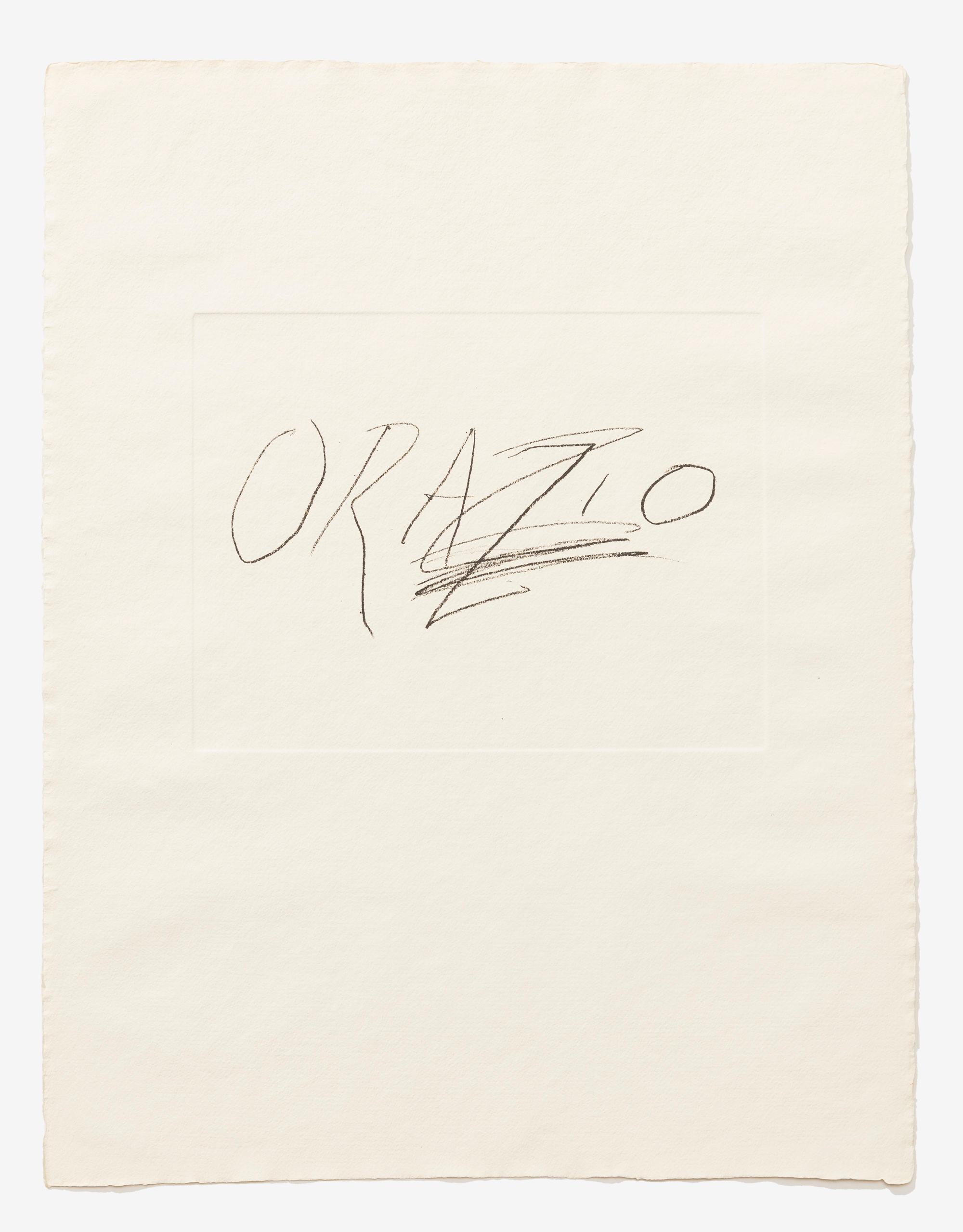 Cy Twombly: SIX LATIN WRITERS AND POETS ORAZIO / Mixed media technique: Lithograph and transfer sheets for stone lithography, paper embossment [last process] / Paper size 65.5 x 50.7 cm / Edition 60 (1–60) / Bastian 62.